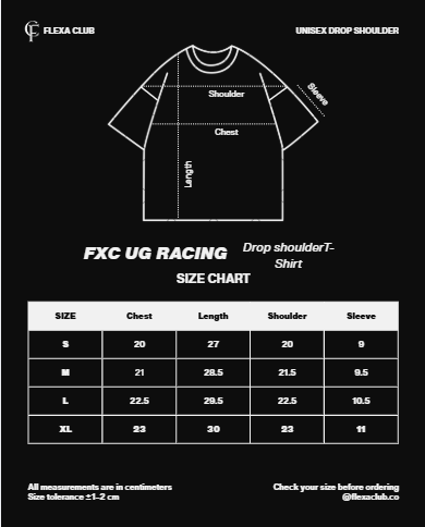 Size chart for FXC UGR drop shoulder T-shirt with measurements on a black background.