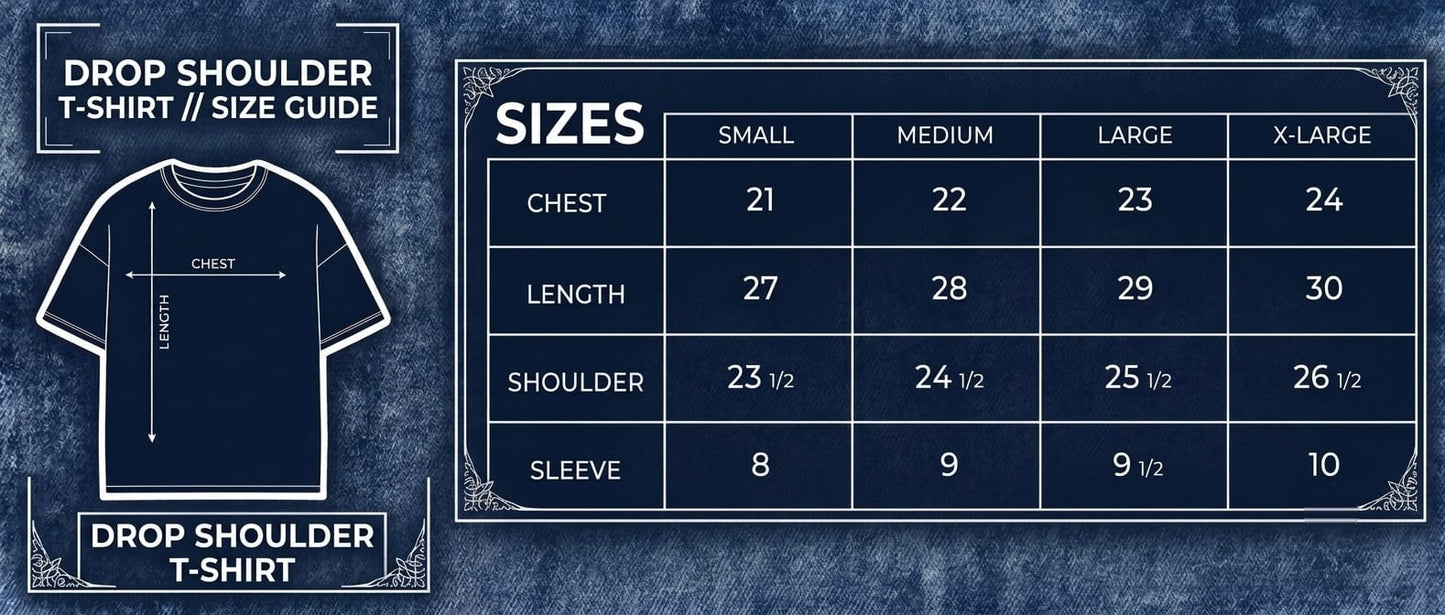 A size guide graphic for the Flexa Club Orbit acid washed drop shoulder T-shirt, showing a labeled t-shirt illustration on the left and a size table on the right with measurements for small, medium, large, and extra-large.