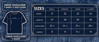 A size guide graphic for the Flexa Club Orbit acid washed drop shoulder T-shirt, showing a labeled t-shirt illustration on the left and a size table on the right with measurements for small, medium, large, and extra-large.