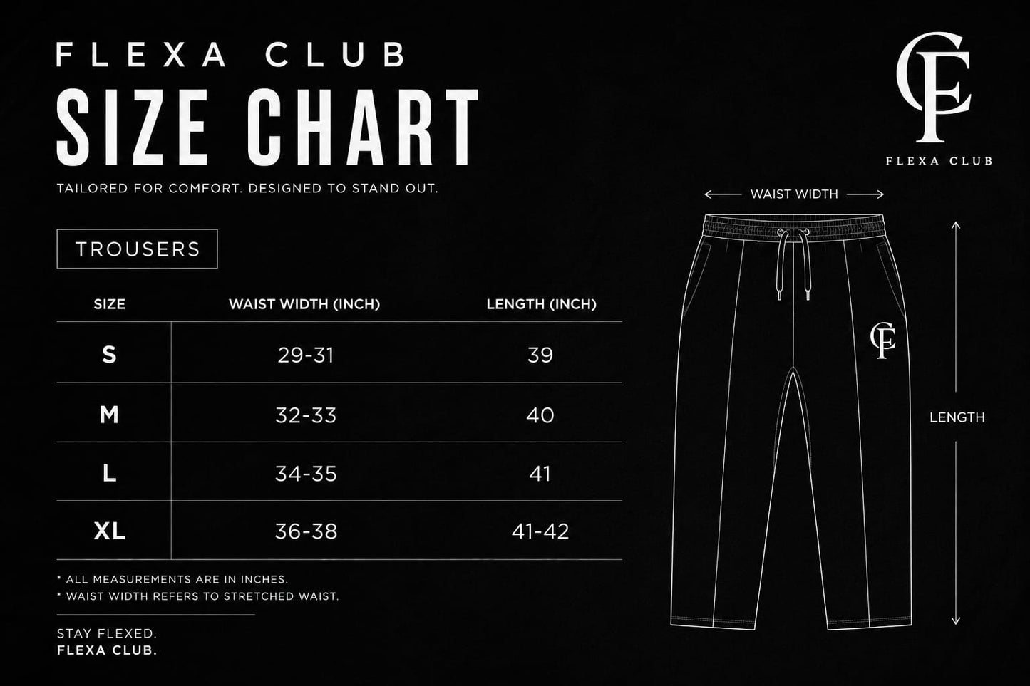 A black size chart graphic for Flexa Club trousers, showing a size table from S to XL with waist width and length measurements, alongside a line drawing of the trouser with labeled waist width and length.