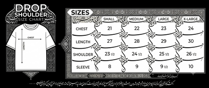A black and white size chart graphic for drop shoulder t-shirts, showing a labeled t-shirt diagram on the left and a size table from Small to X-Large with chest, length, shoulder, and sleeve measurements on the right.