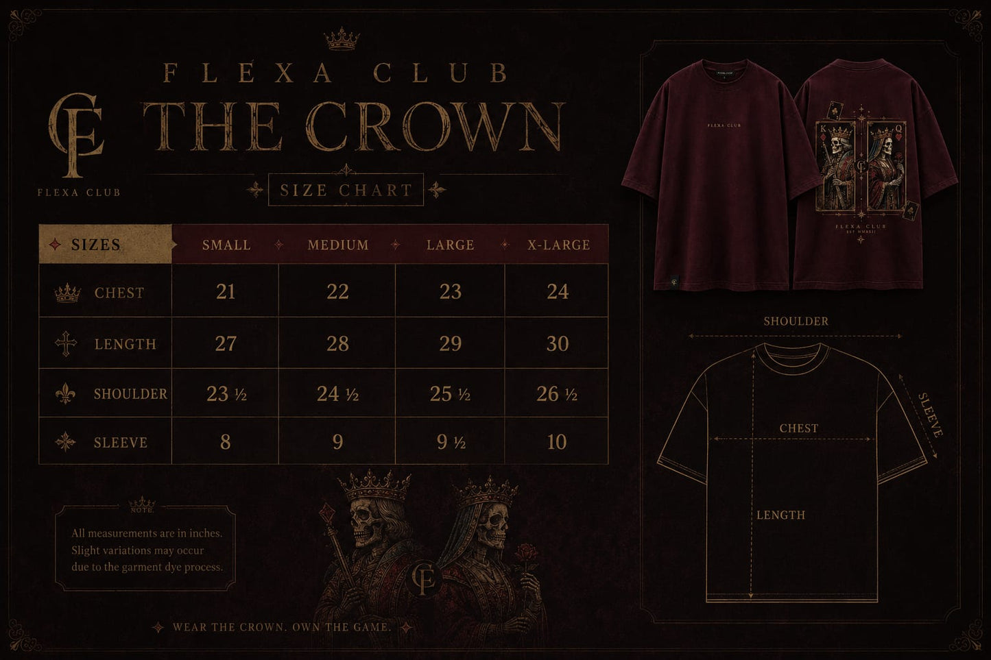 A size chart graphic for FlexaClub's 'The Crown' T-shirt. The left side features a size table with columns for Small, Medium, Large, and XL, along with rows for chest, length, shoulder, and sleeve measurements.