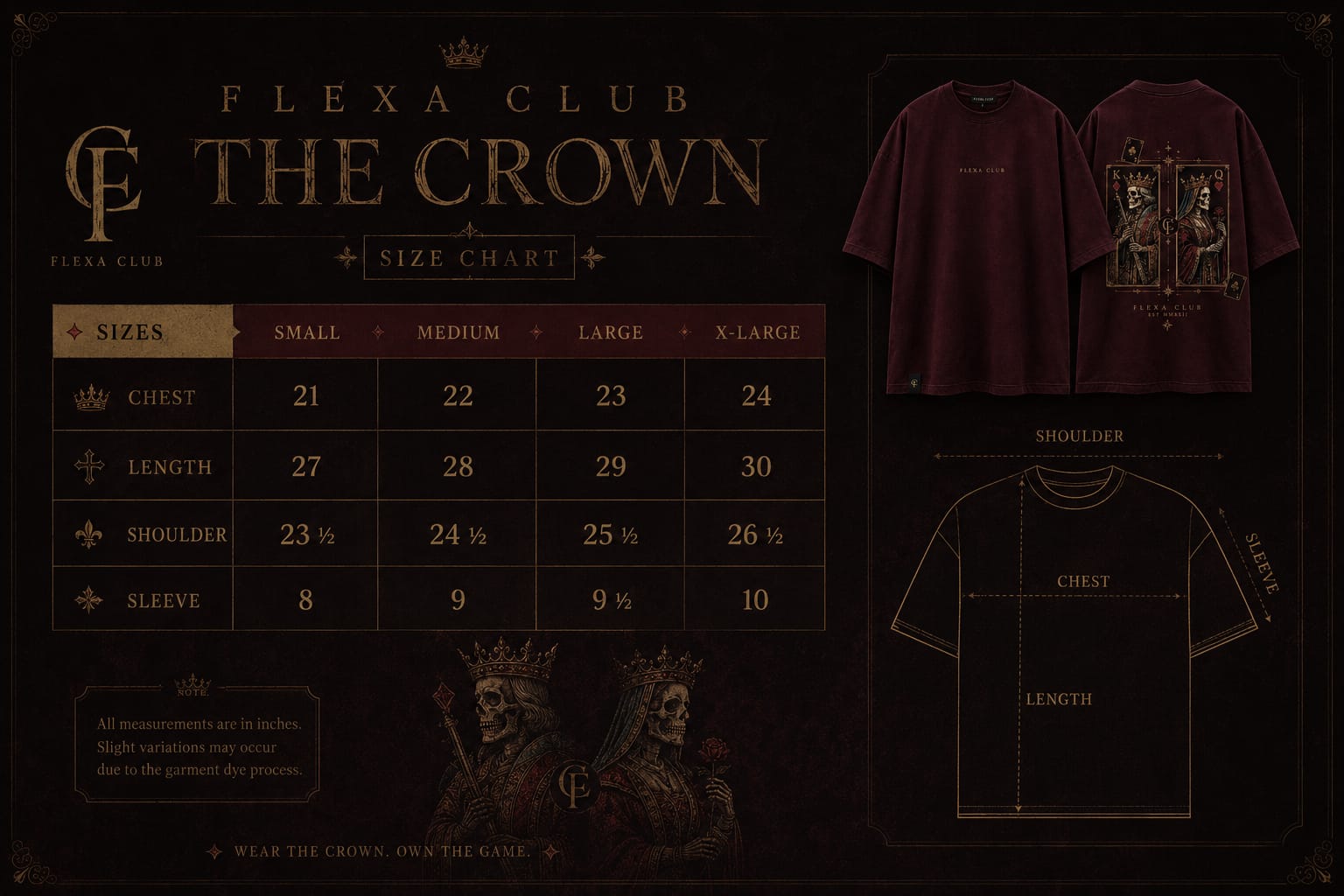 A size chart graphic for FlexaClub's 'The Crown' T-shirt. The left side features a size table with columns for Small, Medium, Large, and XL, along with rows for chest, length, shoulder, and sleeve measurements.