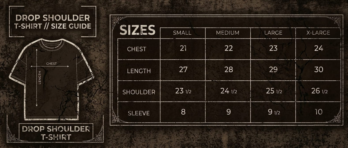 A size guide graphic for Flexa Club's acid washed "Void Pulse" drop shoulder T-shirt, showing a labeled T-shirt outline on the left and a size chart on the right with measurements for Small, Medium, Large, and extra-Large.