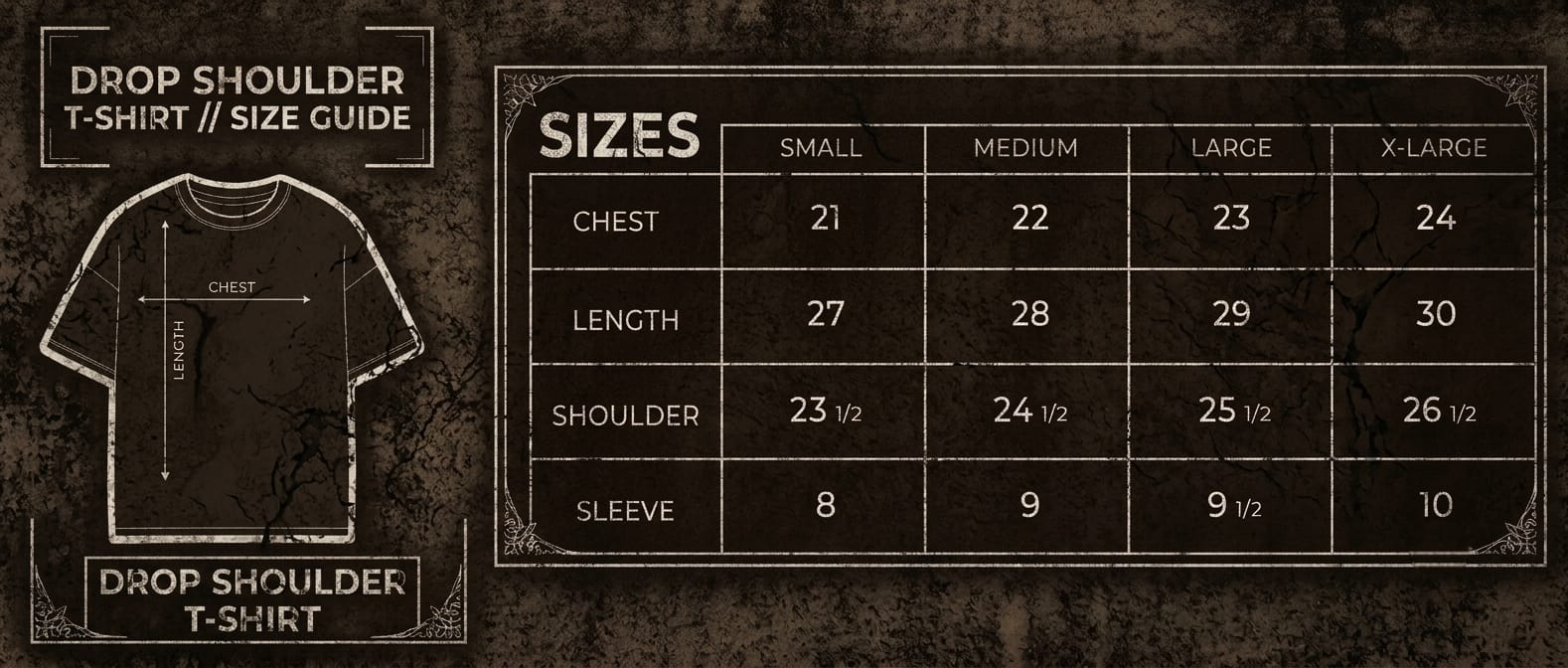 A size guide graphic for Flexa Club's acid washed "Void Pulse" drop shoulder T-shirt, showing a labeled T-shirt outline on the left and a size chart on the right with measurements for Small, Medium, Large, and extra-Large.