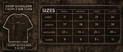 A size guide graphic for Flexa Club's acid washed "Void Pulse" drop shoulder T-shirt, showing a labeled T-shirt outline on the left and a size chart on the right with measurements for Small, Medium, Large, and extra-Large.