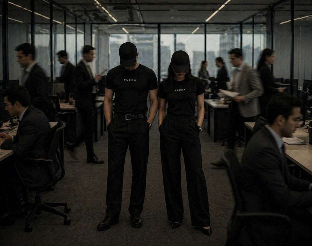 Two people wearing black 'FLEXA' shirts standing in an office with other employees working.